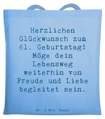 Produktbild von Mr. & Mrs. Panda totebag Spruch 61. Geburtstag - Sky Blue - Geschenk, Jutebeutel, Freude, Shopping Tasche, Happy Birthday, Alter, Tote Bag, Glückwünsche, Erinnerungen