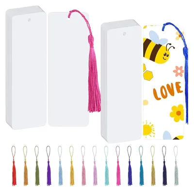 Produktbild von Blanko Lesezeichen, 60 Stück Leeres Lesezeichen, Papier Lesezeichen Basteln mit Loch, Lesezeichen Rohlinge Set für DIY Handwerk Geschenkanhänger (mit 60 Bunten Quasten, 14x5cm)