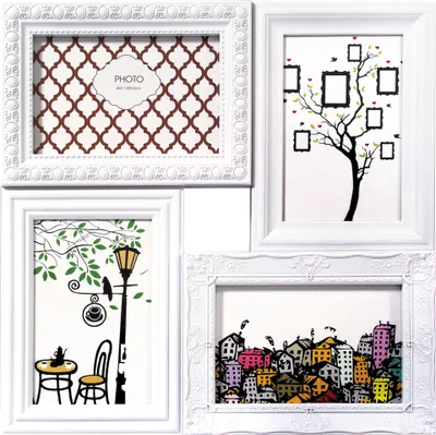 A collage of four white ornate picture frames displaying different artwork.