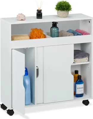 Produktbild von Relaxdays Nischenschrank, 3 Fächer, 2 offene Ablagen, H x B x T: 71,5 x 70 x 20 cm, Bad, Küche, MDF, Rollwagen, weiß