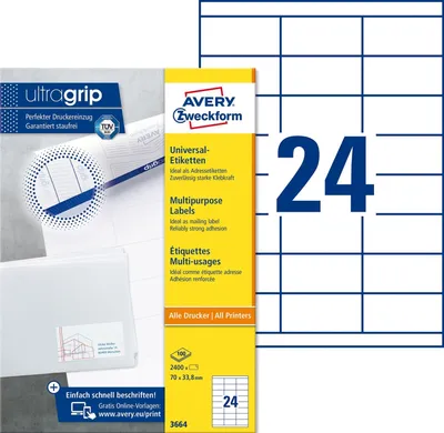 Produktbild von Universal-Etiketten ultragrip 70x33,8 mm VE=5x2.400 Etiketten / 100 Bogen weiß