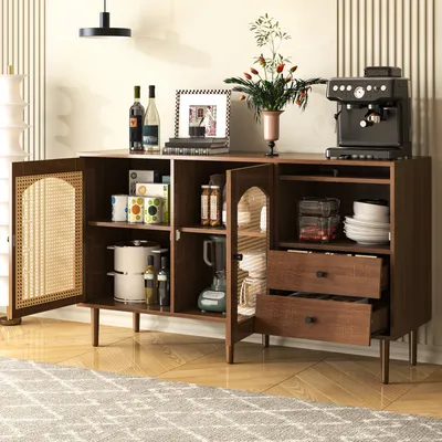 Produktbild von MODFU Kommode Rattan Sideboard  Beistellschrank，Buffetschrank mit 3 Türen und 2 Schubladen, 130*75.5*40 cm, Holzfarbe