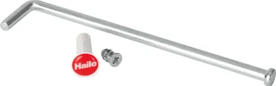 A silver metal rod with an L-shaped handle, a small red and white circular logo with the word "Hailo" on it, and a silver screw are arranged on a white background.