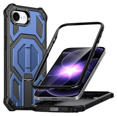 Image de Étui magnétique pour iPhone 16e / iPhone 17e, compatible MagSafe, avec support métallique, étui antichoc de qualité militaire - Bleu