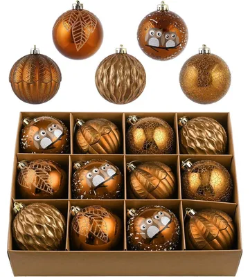 Imagen del producto de Adornos navideños, 12 unidades, 8 cm, plástico, color bronce, acabado brillante, mate y con brillo. Resistentes a golpes y con gancho para colgar