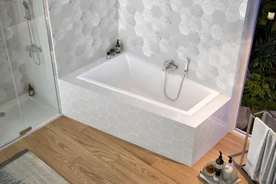 Produktbild von Badewanne Sfera 160 X 95 cm links Eckbadewanne Trapez Wanne Trapezbadewanne eckig modern Acryl Füße Ablaufgarnitur Silikon