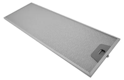 A single metal grease filter for a kitchen hood, shown from a diagonal angle on a white background.