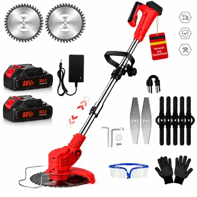 Produktbild von Akku-Rasentrimmer 21V mit 2 Batterien, Freischneider, Motorsense, mit Akku und Ladegerät, Teleskop-Stiel & Zusatzhandgriff, Faltbares Modell, Rot
