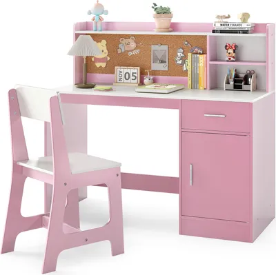 Immagine prodotto di Scrivania per bambini COSTWAY, scrivania per bambini in legno con sedia, scaffali, cassetti e armadietto, scrivania per bambini da 3+, rosa