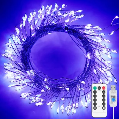 A coiled string of lights with a remote control and USB connector.