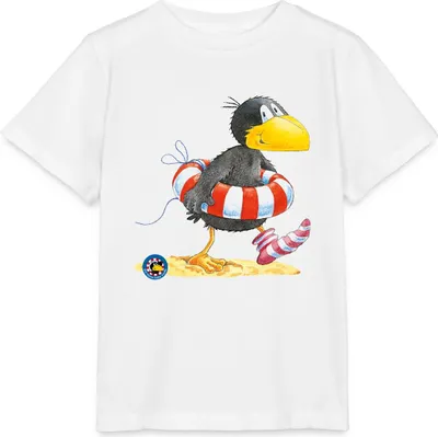 Produktbild von Spreadshirt Der kleine Rabe Socke mit Schwimmreifen Kinder Basic T-Shirt, 98/104 (3-4 Jahre), Weiß