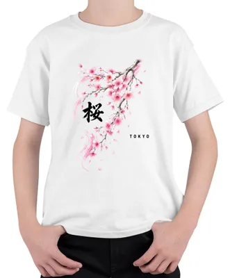 Immagine prodotto di Maglietta per bambini, bianca, con motivo di fiori di ciliegio (sakura) giapponesi, stile Y2K, taglia 116