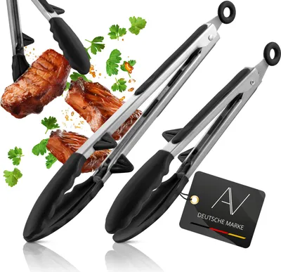Produktbild von AVANA Koch- und Grillzange, Edelstahl Küchenzange mit integriertem Standfuß Silikon Servierzange Hitzebeständig Zange Mehrzweckzange zum Kochen, Servieren, Grillen - 2er-Set Schwarz
