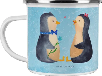 Produktbild von Mr. & Mrs. Panda Teetasse Pinguin Pärchen - Eisblau - Geschenk, Emaille Tasse, Hochzeitstag, Liebe, Motivtasse, becher, Verknallt, Pott, Kaffeepott, Hochzeitsgeschenk