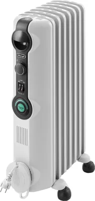 A white oil-filled radiator with black and green controls on a white background.