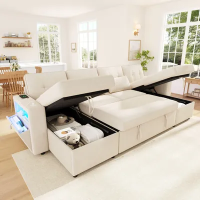 Zdjęcie produktu dla Modułowa sofa w kształcie litery U, 4-osobowa, z funkcją spania, wyposażona w 2 leżanki, miejsce do przechowywania, port USB typu C, oświetlenie LED, schowek w podłokietnikach, obita tkaniną chenille, kolor beżowy