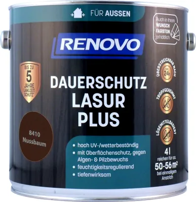Produktbild von Renovo Dauerschutzlasur PLUS Holzschutz Lasur  Außen 4 L Farbwahl, Farbe:8410 Nussbaum