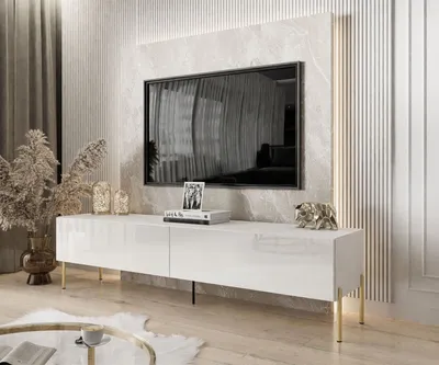 Produktbild von RTV Schrank COLETTE II 175 cm weiß hochglanz, Weiß / Weiß hochglanz mit LED Beleuchtung, Beine: Gold