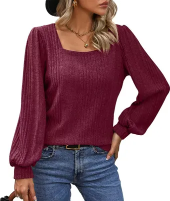 Image de ASKSA Femme T-shirt manches longues col carré Casual Elegant T-Shirts Basic Blouse unie Hauts, Rouge foncé, M