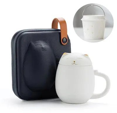 Immagine prodotto di Tazza in Vetroceramica a forma di gatto, con infusore per tè e coperchio, capacità 350 ml, colore bianco