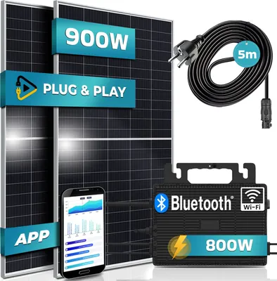 Produktbild von SUNNIVA® 900W Balkonkraftwerk komplett Steckdose - ASTRO-ENERGY 800W Wechselrichter - PV Solaranlage, 2x 450W Solarmodule, 5m Kabel - Bluetooth WIFI