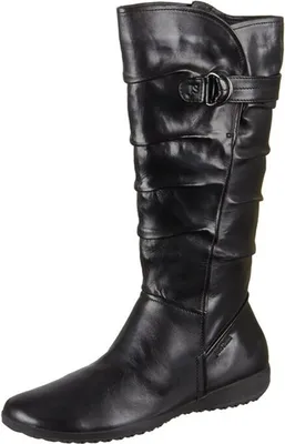 A black leather boot is shown against a white background.