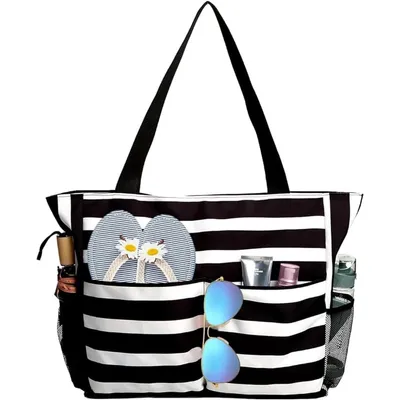 Produktbild von Strandtasche Damen mit Reißverschluss – Große XL Badetasche Wasserdicht, 8 Fächer, Faltbar – Shopper & Reisetasche für Pool, Gym & Urlaub – Schwarz