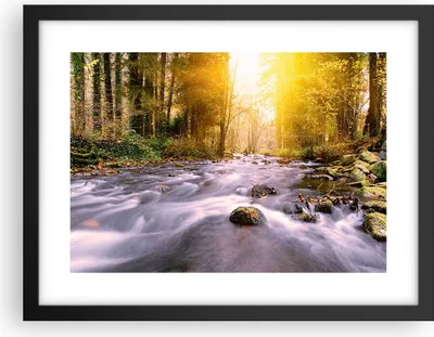 Produktbild von Gerahmtes Poster - Schwarzer Rahmen - Herbst Wald Berg Fluss - 40x30 cm - Wand Bild - Wanddeko - Wandbilder - Kunstposter - Wandposter - Bilderrahmen - Bilder - Kunstdruck - Wandbild - P2BAA40x30-0504