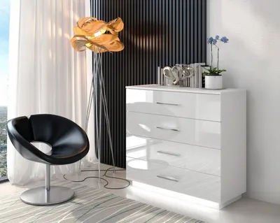 Produktbild von Kommode LINA Chrom Griffen und LED Weiß / Weiß hochglanz
