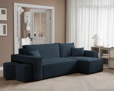 Produktbild von Idohome–Moderne Ecksofa PARIS mit Hockern mit Schlaffunktion, L-förmigen, Universale Couch, Bettcouch - Farbe: Dunkelblau Poso 05