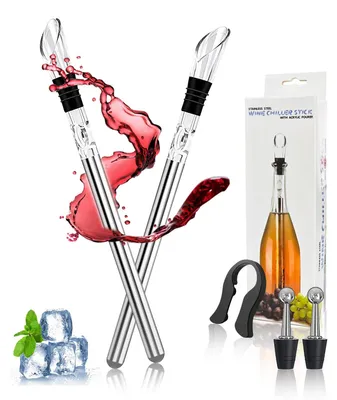 5-in-1 Weinkühler-Set, 2 Edelstahl-Kühlstäbe, 2 Verschlüsse, Folienschneider