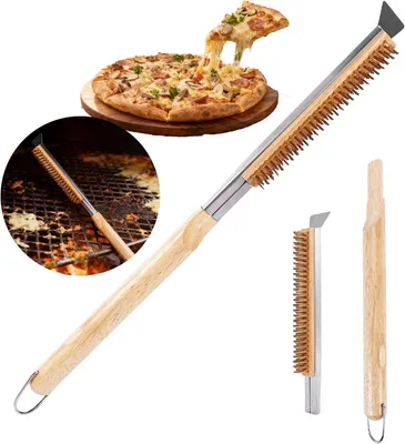 Produktbild von Pizzaofenbürste 53 cm, mit Schaber, Messingborsten, Holzgriff, für BBQ