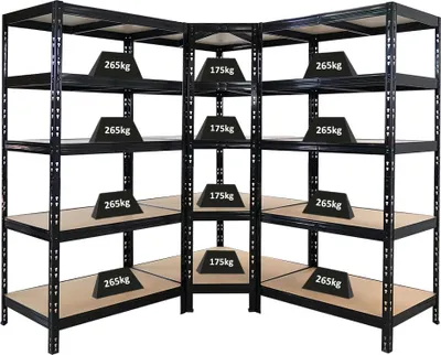 Produktbild von Mega Deal Tiger | 1x Eckregal + 2x Schwerlastregal 180x90x60cm | Fachlast 175 + 265 kg | Schwarz