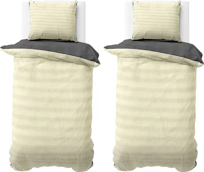 Produktbild von Seersucker Bettwäsche 135x200 cm Beige Anthrazit Wende Doubleface Mikrofaser Bettbezug 4 teilig