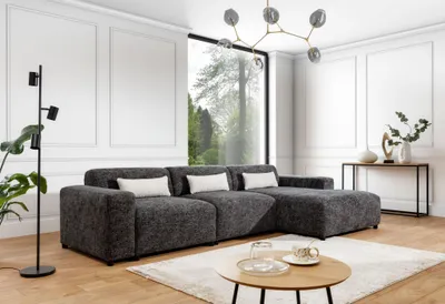 Productafbeelding van Designbank ROMY MAX, hoekbank, bekleding: stof "Enjoy Me" in de kleur grijs, met een rechte ottomaan