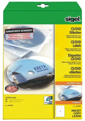 Produktbild von SIGEL LA505 CD-/DVD-Etiketten, weiß, mit Zentrierhilfe, Ø 117 mm (A4), 17 mm Innenloch, 50 Et.=25 BL