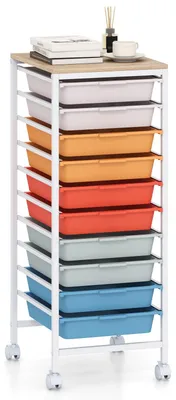 Produktbild von COSTWAY Rollcontainer mit 10 stapelbaren Schubladen & feststellbaren Rollen, Rollwagen, Servierwagen, Aufbewahrungswagen, 37x32,5x85cm Macaron