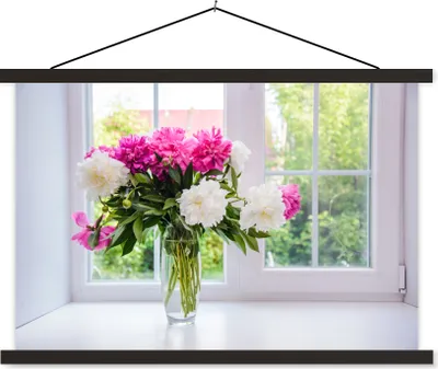 Produktbild von MuchoWow® Textilposter Blumen - Pfingstrosen - Vase 150x100 cm mit schwarzem Rahmen - Schlafzimmer