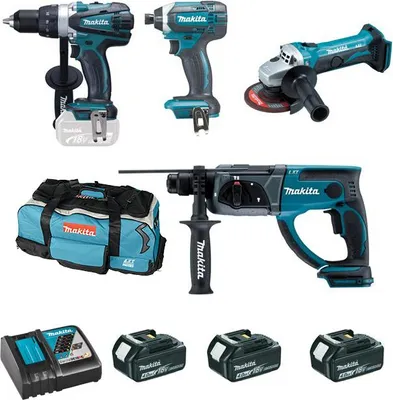 Image de Ensemble de 4 machines 18V, Perceuse DDF458 + Meuleuse DTD152 + Perfo DHR202 + Visseuse DGA452 - MAKITA - 3 Batteries 18V 4.0Ah - chargeur - sac de transport - DLX4054MX1