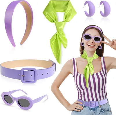 Produktbild von Hippie Kostümzubehör für Damen, lila Haarband, grüne Schal, für Halloween