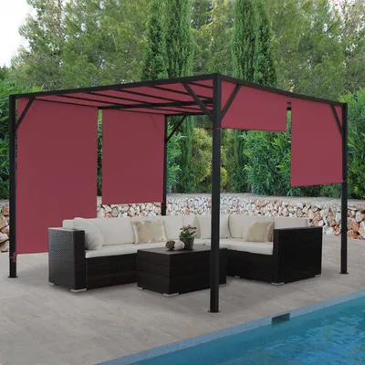 Immagine prodotto di Pergola Baia, copertura per patio a padiglione da giardino, robusta struttura in acciaio da 6 cm + tetto scorrevole rosso bordeaux ~ 4x4m