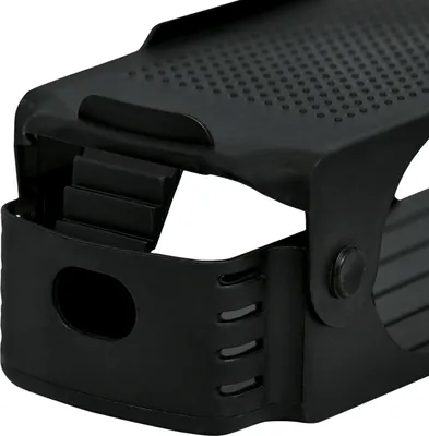 Close-up of a black plastic shoe organizer.