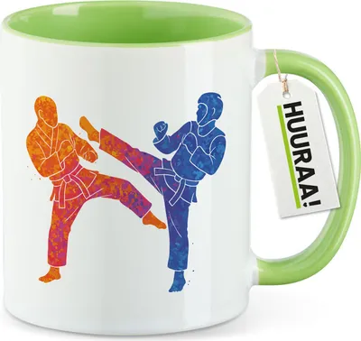 Produktbild von Huuraa Kaffeetasse Taekwondo bunte Silhouette 330ml Grün Keramik Kaffeebecher Geschenkidee