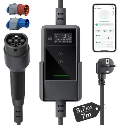 Immagine prodotto di Caricabatterie per auto elettriche, tipo 2 - Cavo di ricarica da 7 metri - Potenza massima: 3,7 kW - Corrente: 6-16 A - App Wi-Fi - Spina Schuko - Colore: nero