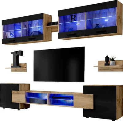 Obrázek produktu pro Extreme Furniture Vision | Nábytek Do Obývacího Pokoje S Tv Skříňkou, 2 Vitrínami A 2 Policemi Korpus Wotan A Černá Čela