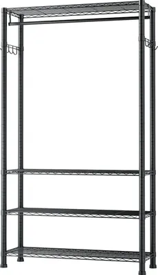 Zdjęcie produktu dla Wieszak na ubrania SucceBuy o regulowanej wysokości wykonany ze stali węglowej z drążkiem na ubrania, nośnością 227 kg, 4 półkami i 8 haczykami - idealny do sypialni, sklepów odzieżowych, szatni i korytarzy