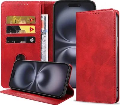Produktbild von Smartphonica Handytasche geeignet für iPhone 16 Kunstleder mit Magnetverschluss und Kartenhalter Buchhülle mit Klappe - Rot