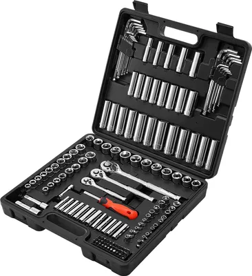Obrázek produktu pro SucceBuy 149dílná sada nástrčných klíčů s pohonem 3/8, 6,4 a 12,7 mm, SAE a metrické velikosti, hluboké a mělké, včetně bitů a příslušenství, kufr na nářadí z legované oceli CR-V