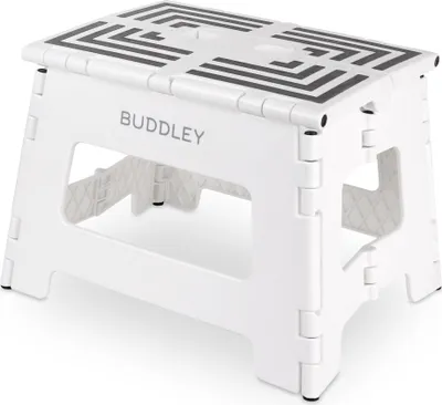 Produktbild von BUDDLEY Tritthocker klappbar – 23 cm hoher Tritt mit Anti-Rutsch-Design - Tragfähigkeit bis 99 kg - Klapphocker - ideal für Küche, Bad, Garage & Campi