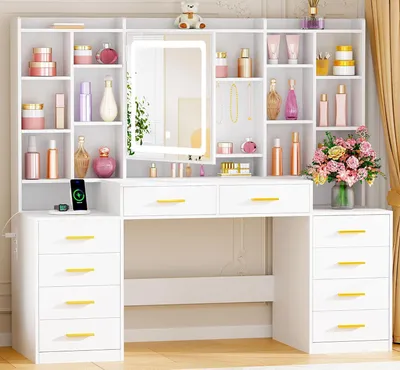 Zdjęcie produktu dla Toaletka z lustrem – idealna do przechowywania kosmetyków – z 3 trybami oświetlenia – wymiary: 150 x 145 cm – biała